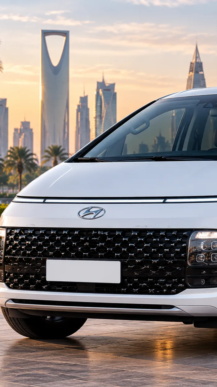 White Hyundai Staria used for event transportation in Saudi Arabia.